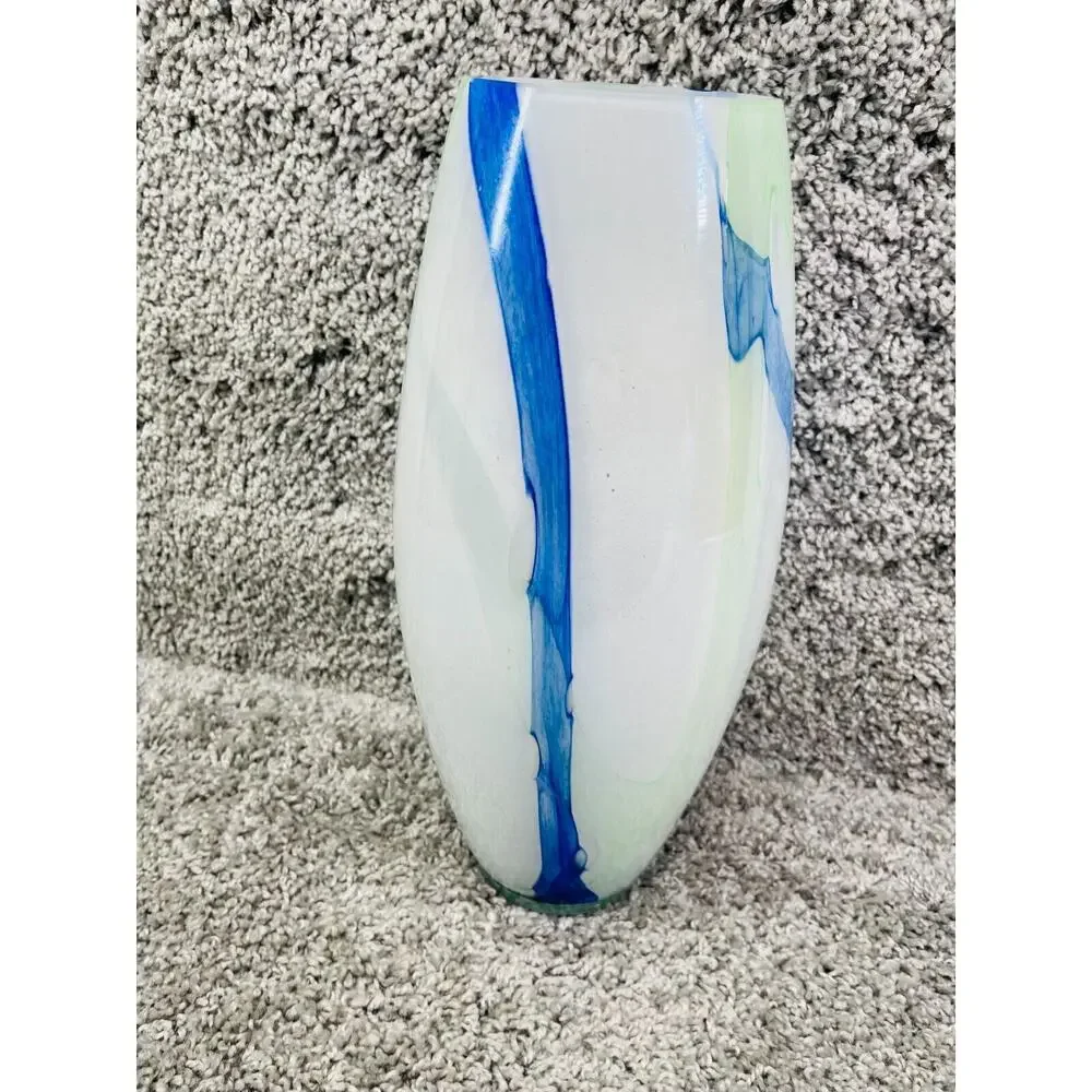 Art Deco Abstract White Blue Ceramic Glass Oval Vase